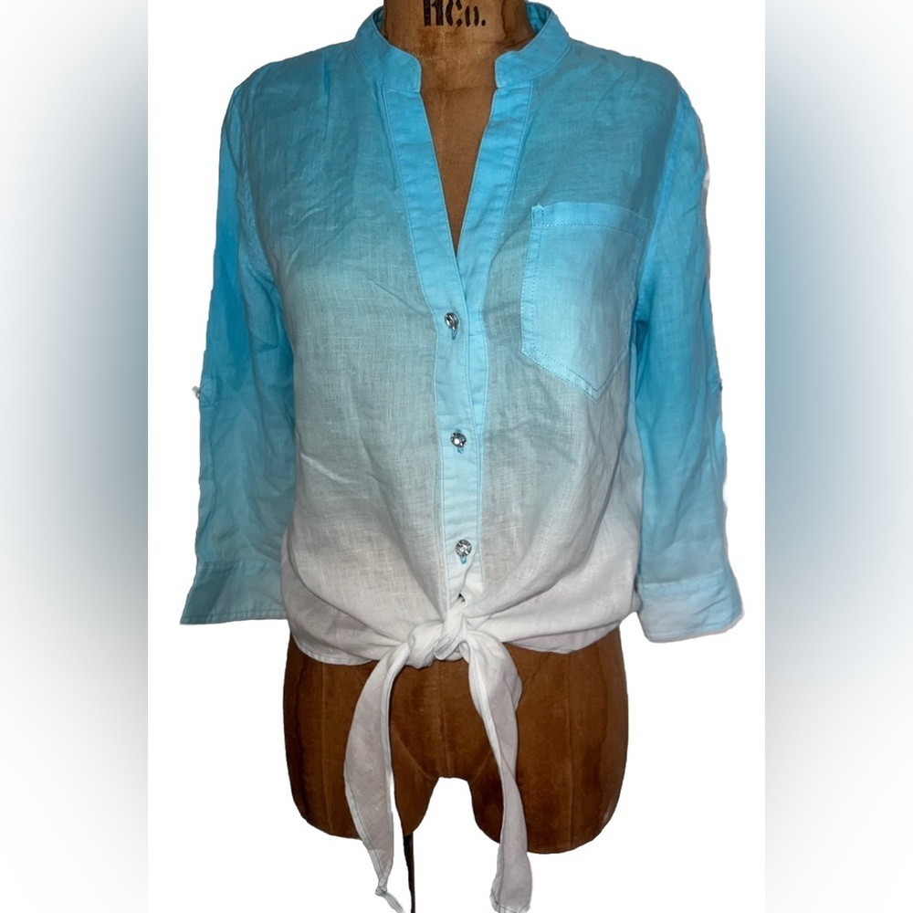 INC International Concepts 100% Linen Ombré Top Rhinestone Buttones EUC 2 S